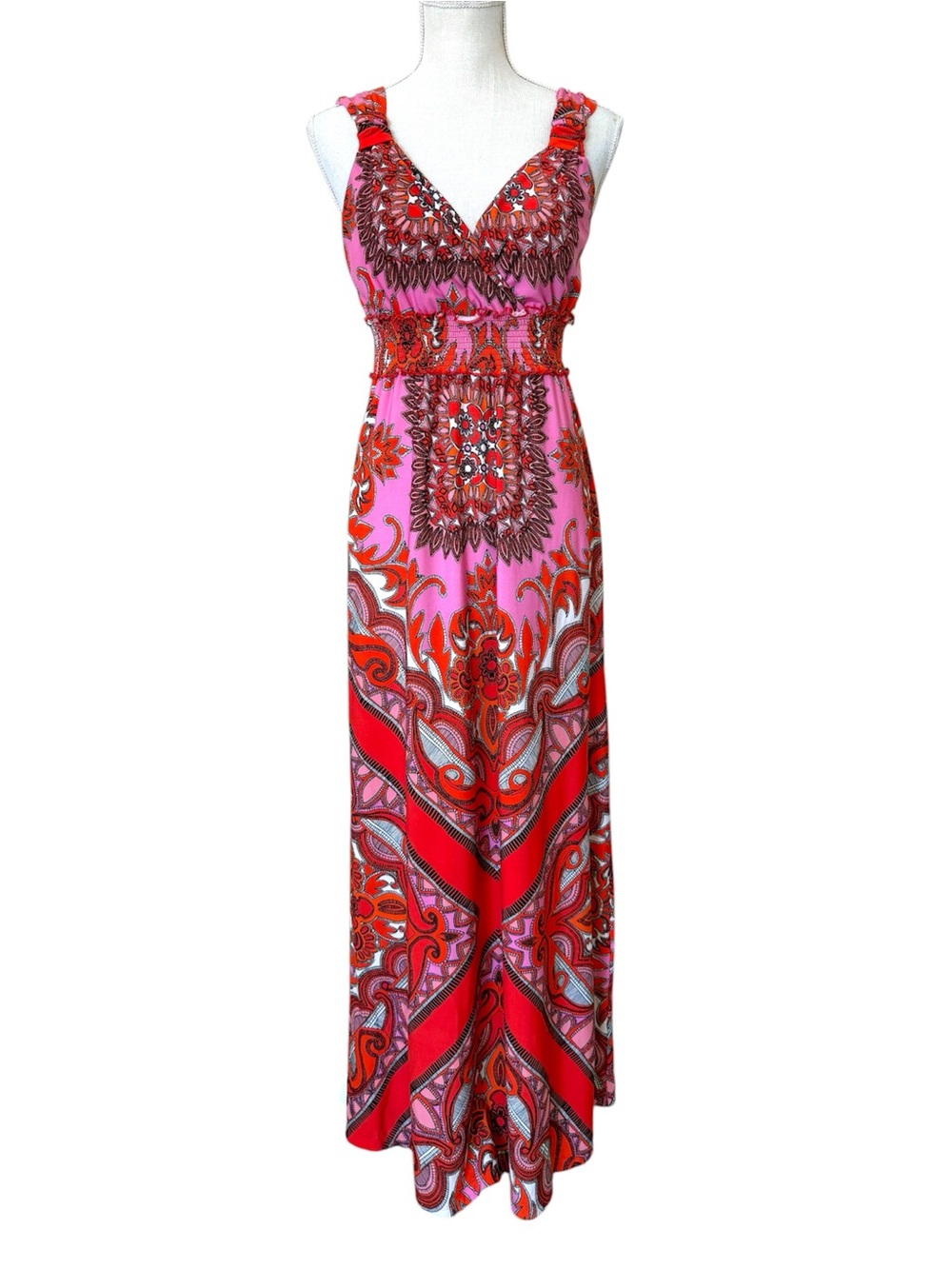 Paisley Maxi Dress Pink Orange ECI New York 8 Smocked Waist Boho Resort